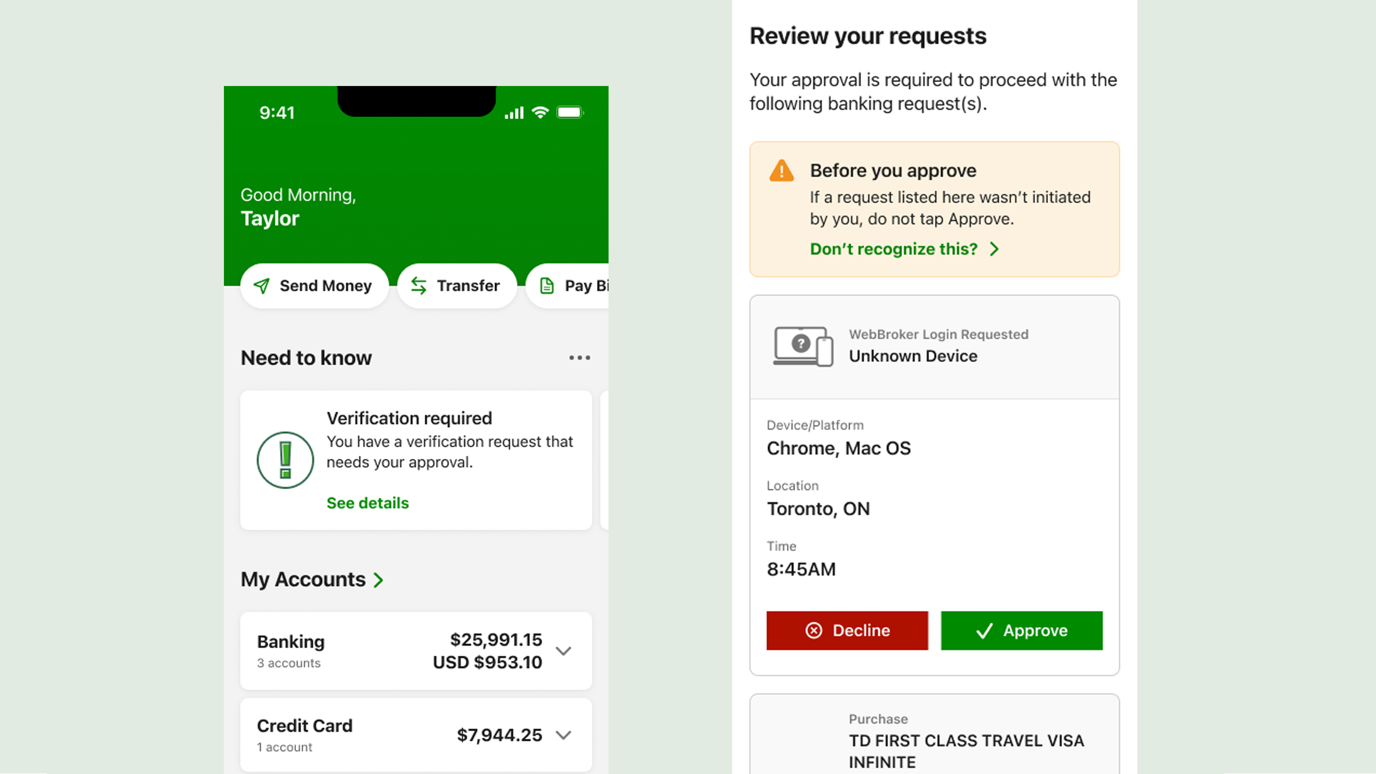 TD In-App Approval verification request screen
