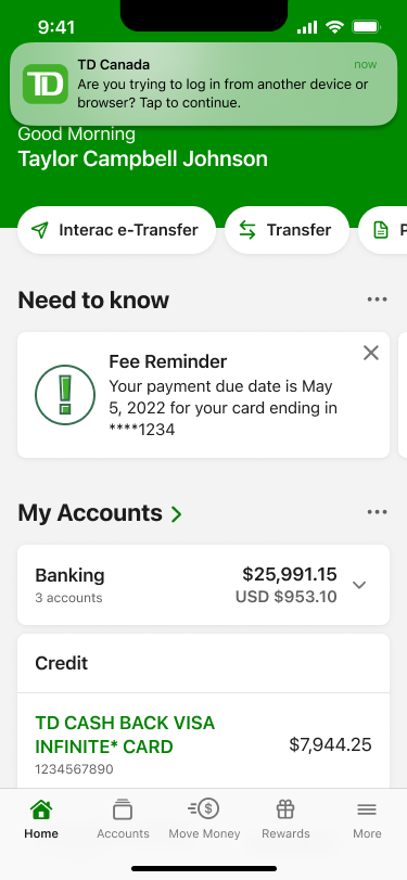 Notification banner over the TD app home screen