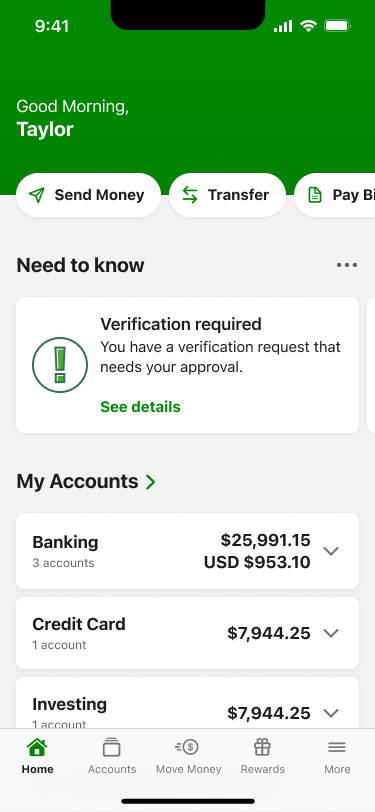 Verification required card in the home screen's Need to Know feed