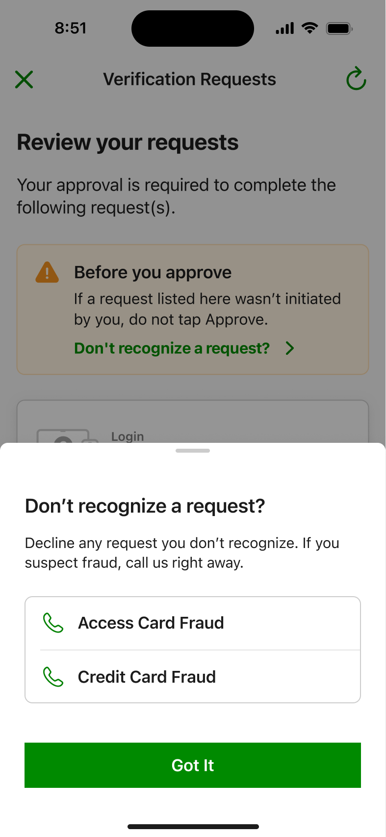 Don't recognize a request bottom sheet with direct phone links to fraud teams