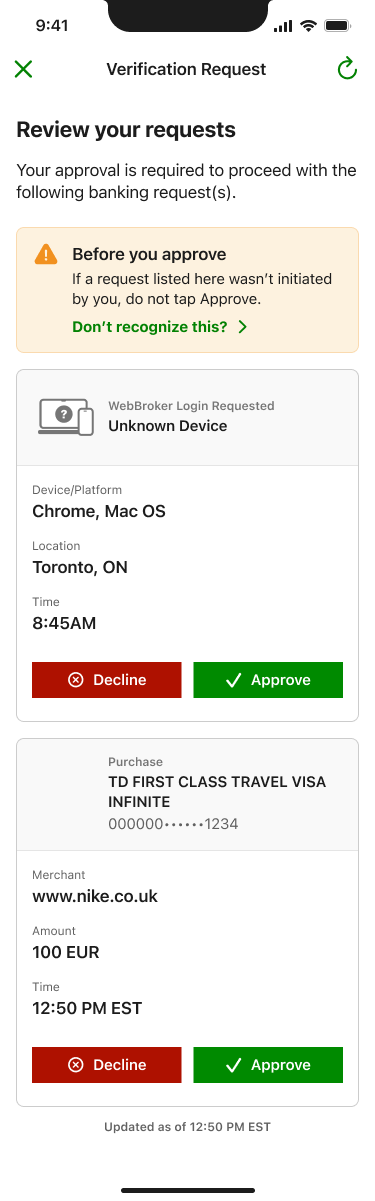 Verification request cards showing full login and purchase detail