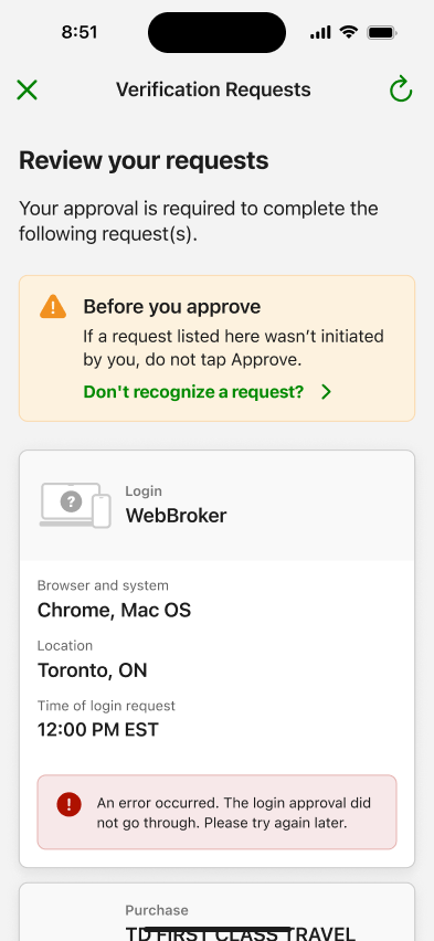 Error state explaining the login approval did not go through