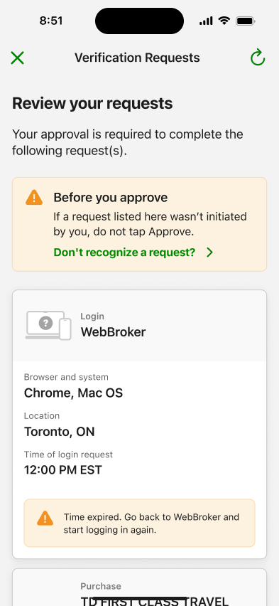 Expired state prompting the customer to start logging in again